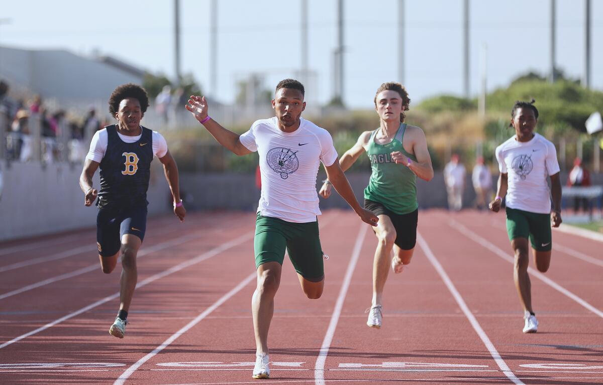 Jordan Coleman, of Granada Hills, wins the 100-meter dash at the City Section track and field championships