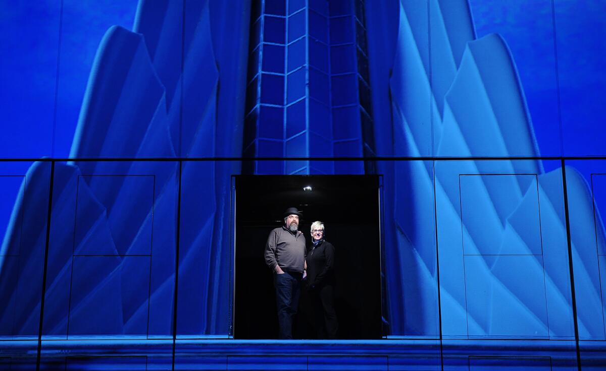 Set designer David Gallo and director and choreographer Marcia Milgrom Dodge check out the stage design for "Empire: The Musical" La Mirada Theatre.