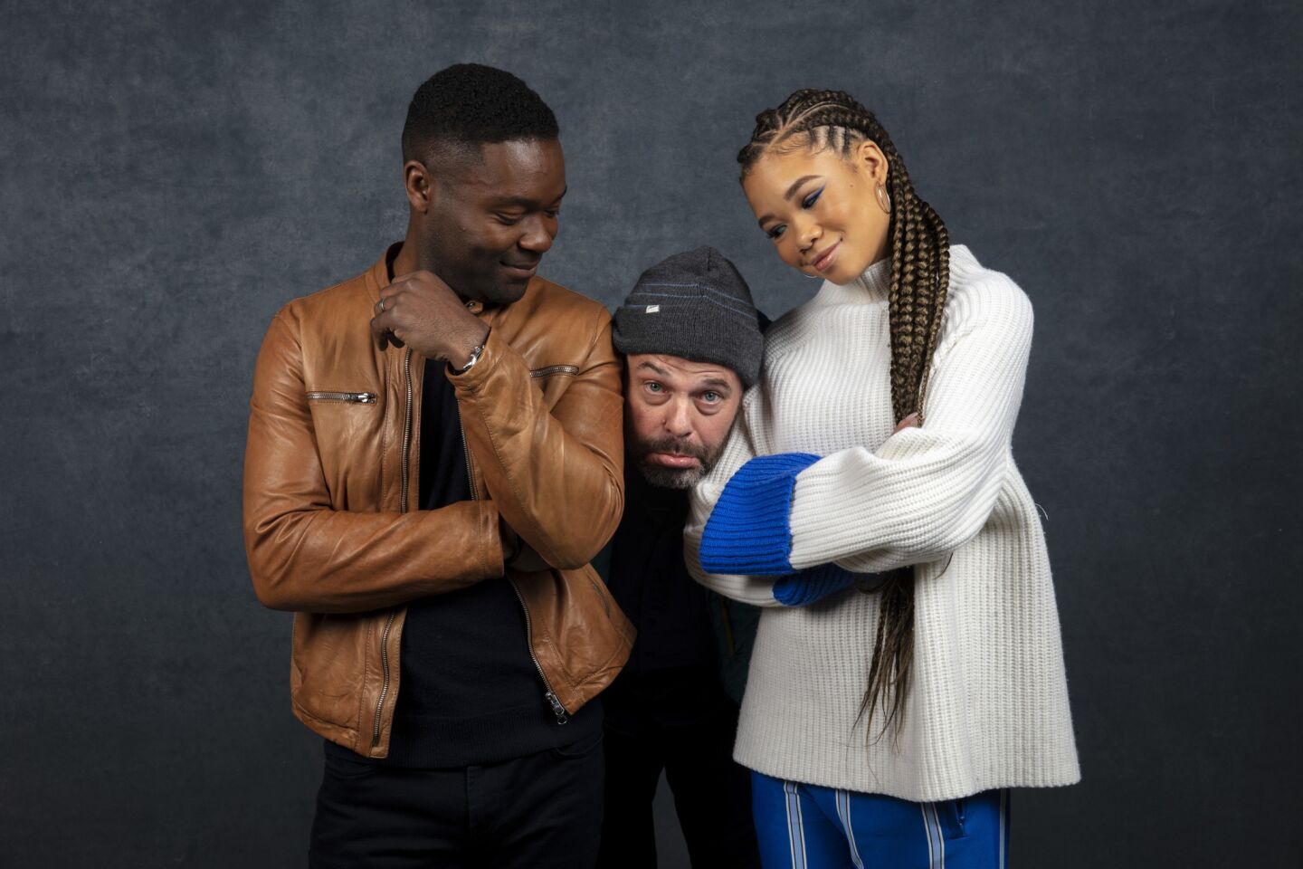 Actor David Oyelowo, left, director Jacob Estes and actor Storm Reid from the film "Relive."