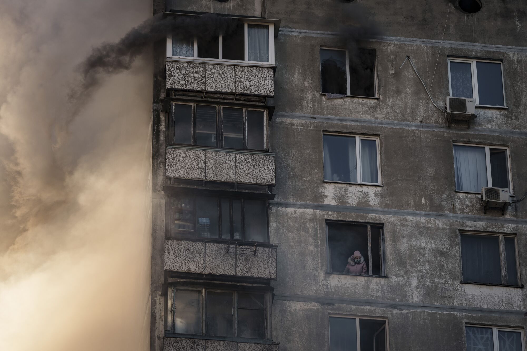 A bombed-out apartment building in Kyiv.