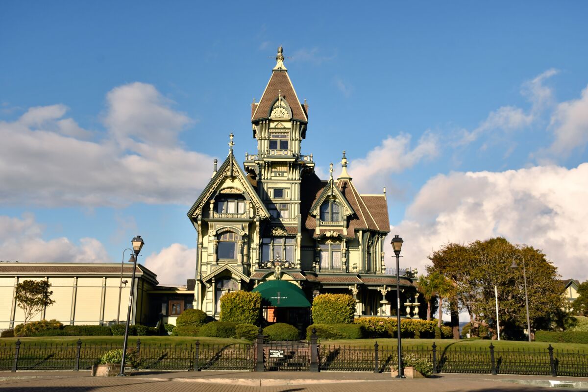 Exterior of the ornate Victorian Carson Mansion.