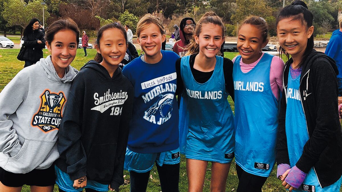 Students from Muirlands Middle School in La Jolla get ready for San Diego Unified School District’s middle school cross-country meet Nov. 20, 2019 at Morley Field Sports Complex in Balboa Park, San Diego. Pictured: Sienna Gustafson, Natalie Pong, Elena Tyvoll, Stella Hurley, Payton Smith and Shannon Cao.