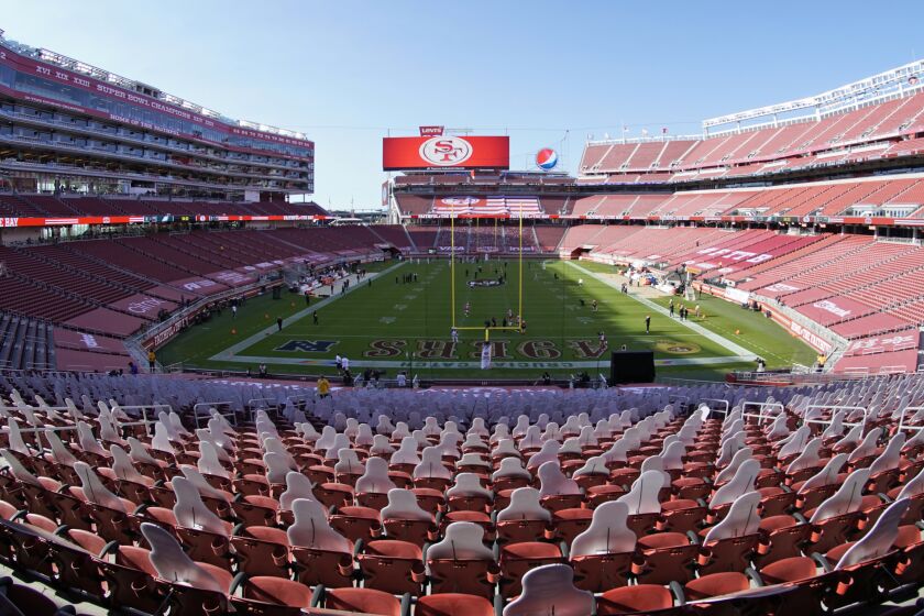 This Oct. 4, 2020, file photo, taken with a fisheye lens, shows an empty Levi's Stadium.