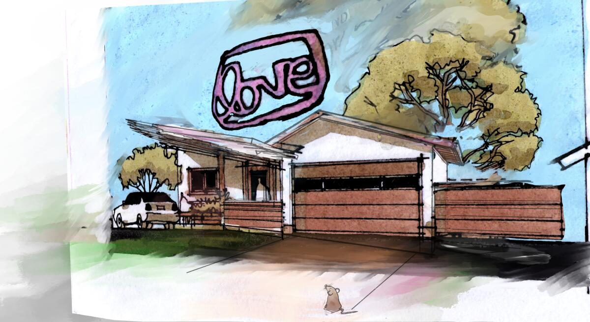rendering of a house with the word "love" above it