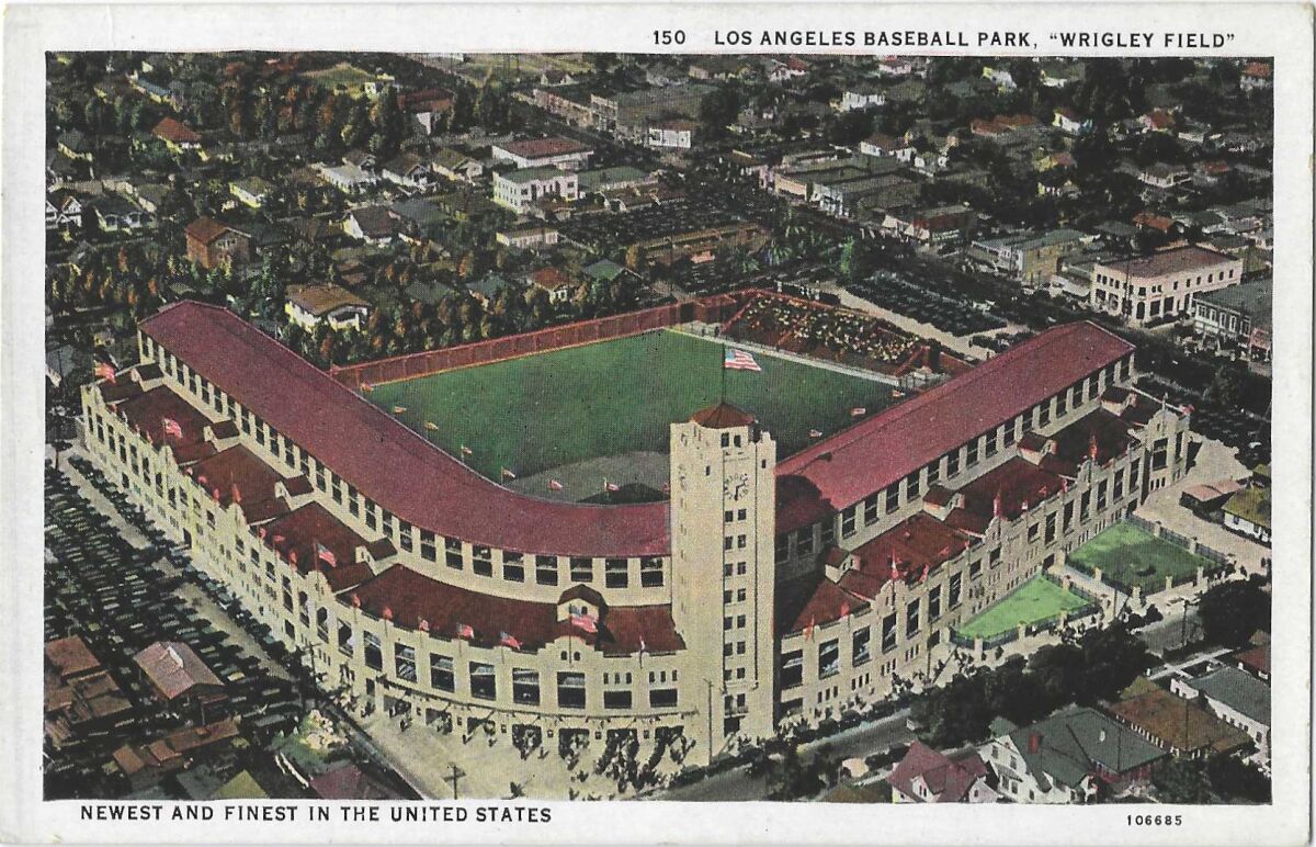 Postcard shows an overhead view of the exterior of Wrigley Field, "newest and finest in the United States."