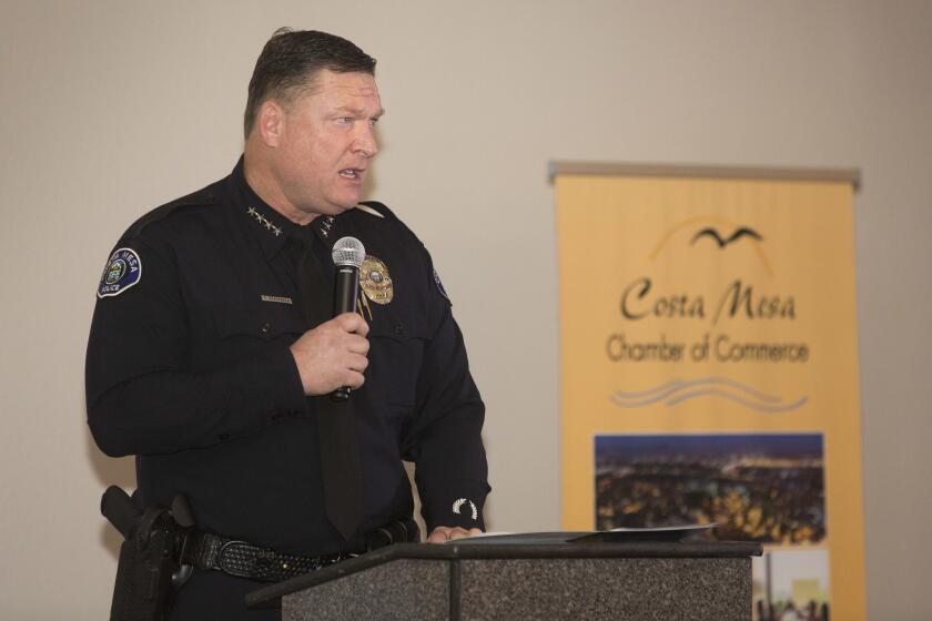 Costa Mesa Police Chief Rob Sharpnack speaks during a dinner hosted by the Costa Mesa Chamber of Commerce honoring police and firefighters on Thursday, January 18, 2018. ///ADDITIONAL INFO: tn-dpt-me-public-safety-awards-20180117 01/18/18 - Photo by DREW A. KELLEY, CONTRIBUTING PHOTOGRAPHER