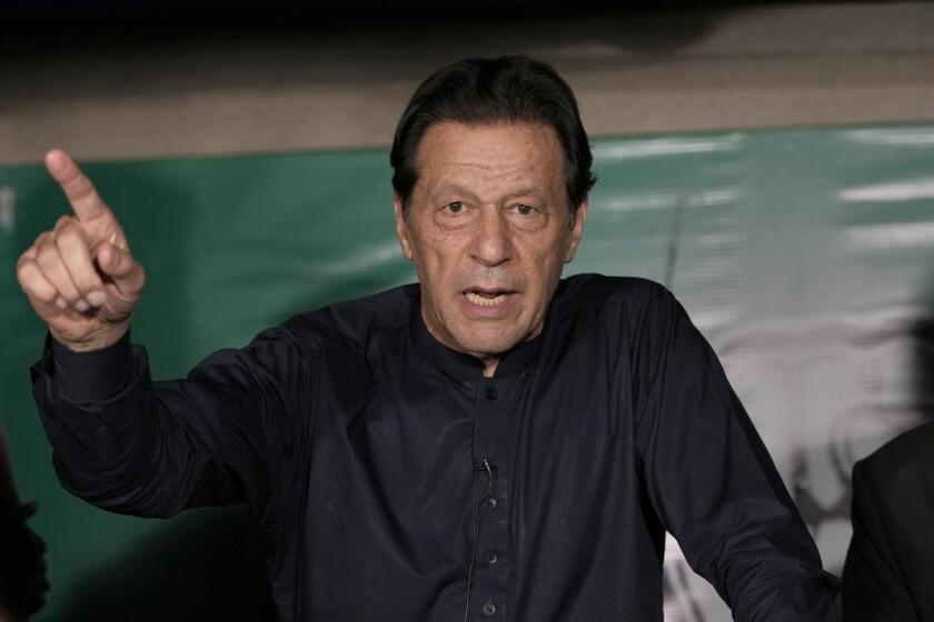 FILE - Pakistan's former Prime Minister Imran Khan speaks during a news conference at his home, May 18, 2023, in Lahore, Pakistan. On Monday, July 1, 2024, a United Nations human rights working group called for the immediate release of Pakistan’s imprisoned former Prime Minister Khan, saying he had been detained “arbitrarily in violation of international laws.” (AP Photo/K.M. Chaudary, File)