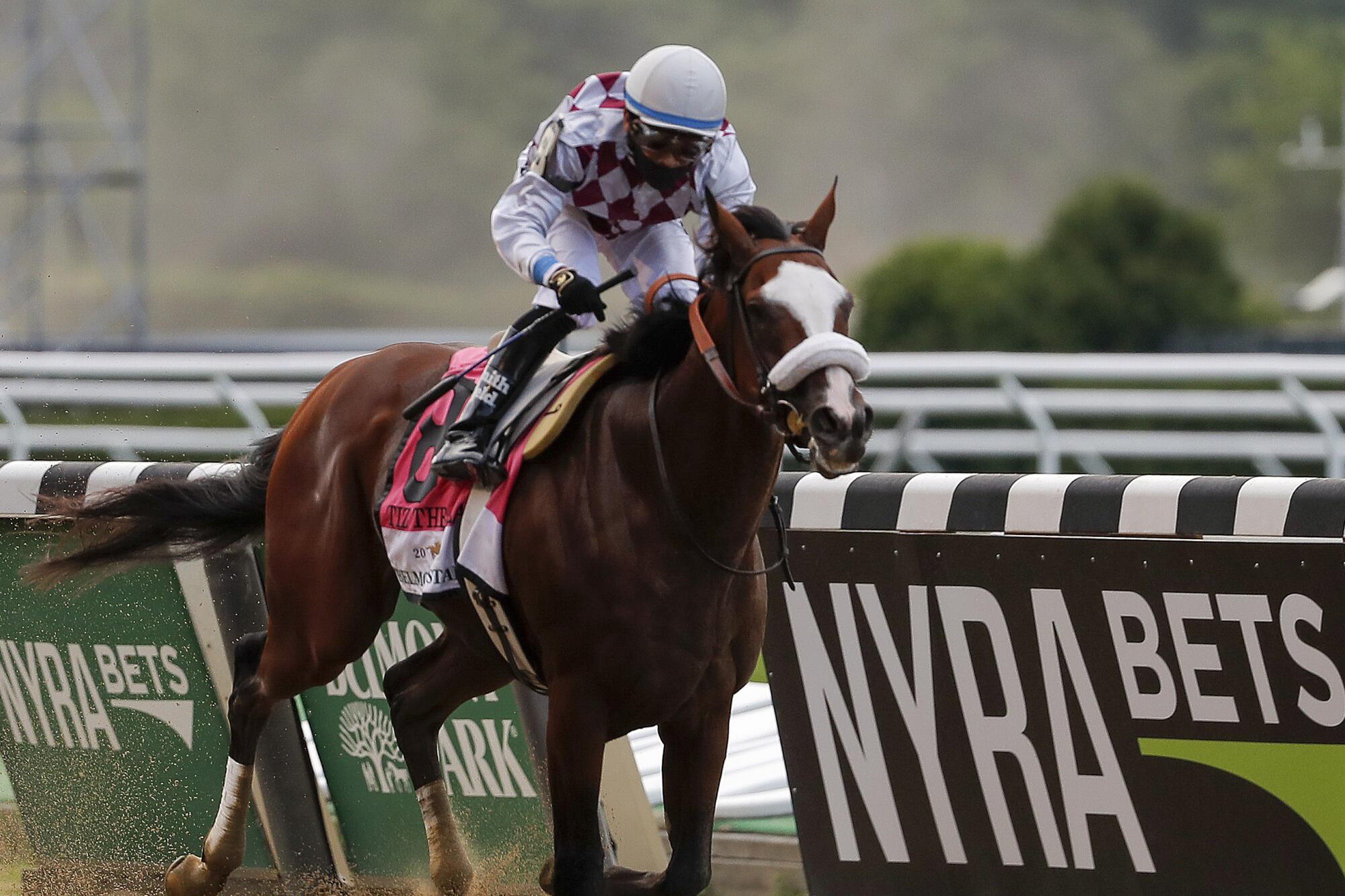 Tiz The Law (8), with jockey Manny Franco aboard, wins the152nd running of the Belmont Stakes horse race.