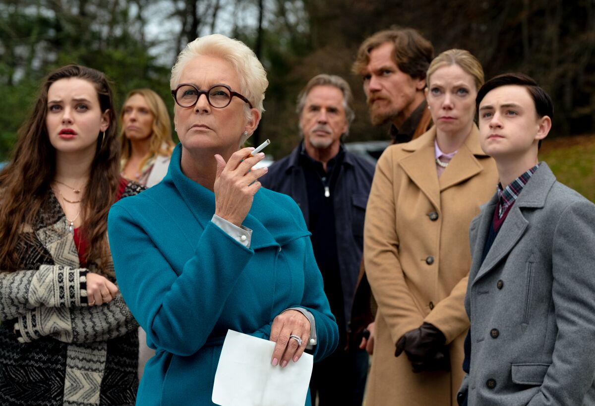 Katherine Langford, Toni Collette, Jamie Lee Curtis, Don Johnson, Michael Shannon, Riki Lindhome and Jaeden Martell in the movie "Knives Out."