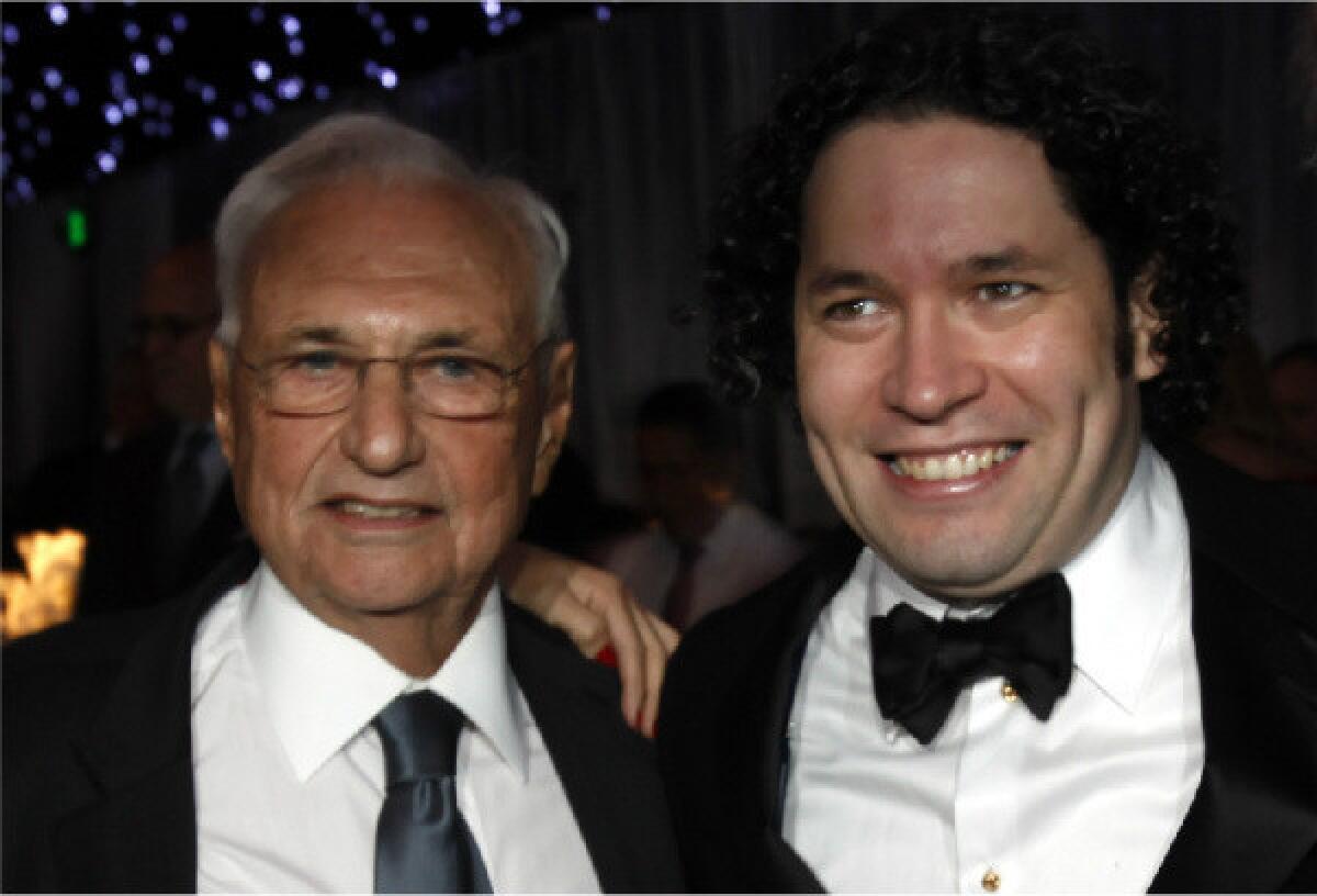 Frank Gehry, left, and Gustavo Dudamel at a gala at Walt Disney Concert Hall in September.