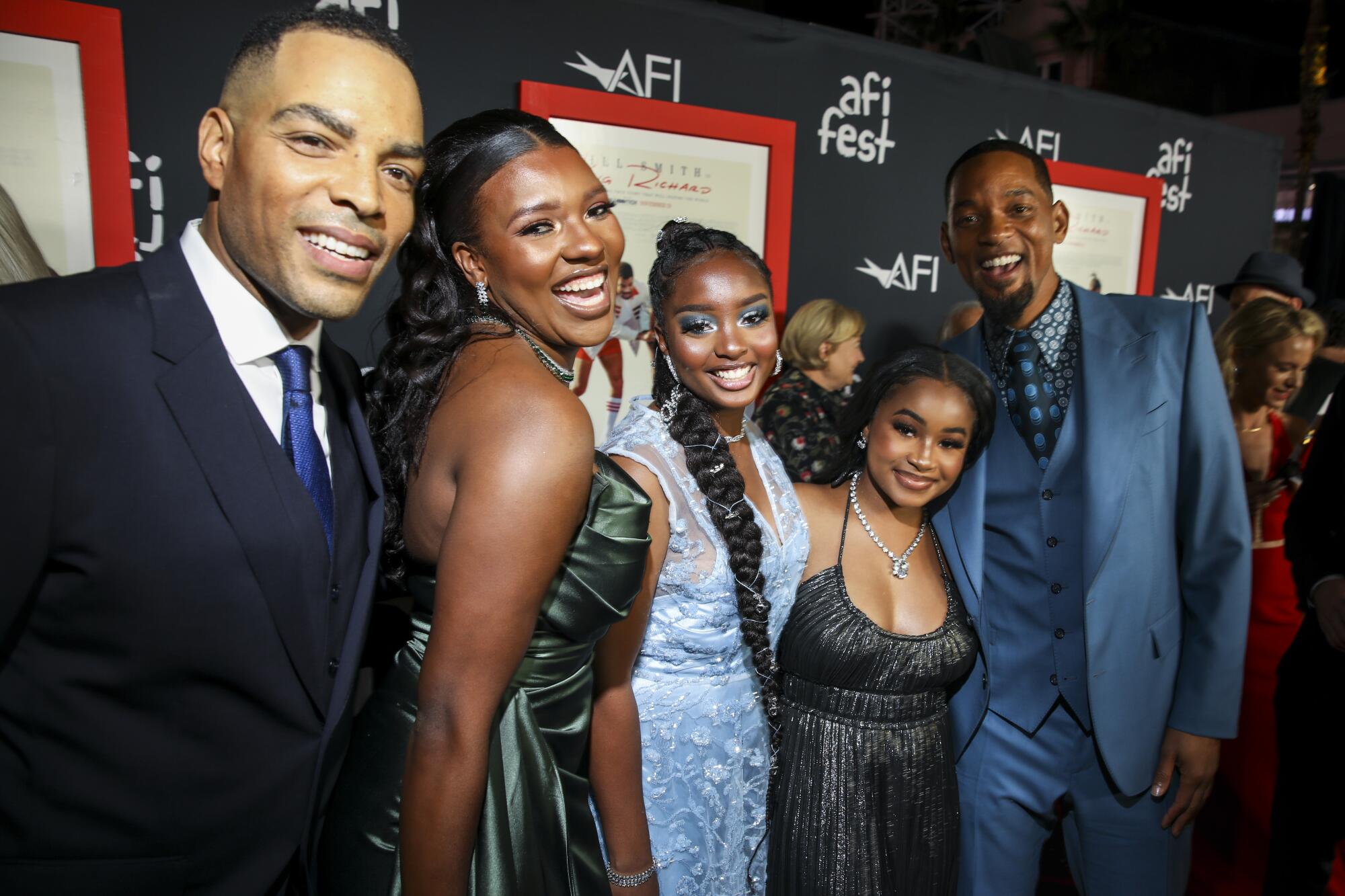 All smiles on the red carpet: Reinaldo Marcus Green, Mikayla Bartholomew, Daniele Lawson, Layla Crawford and Will Smith