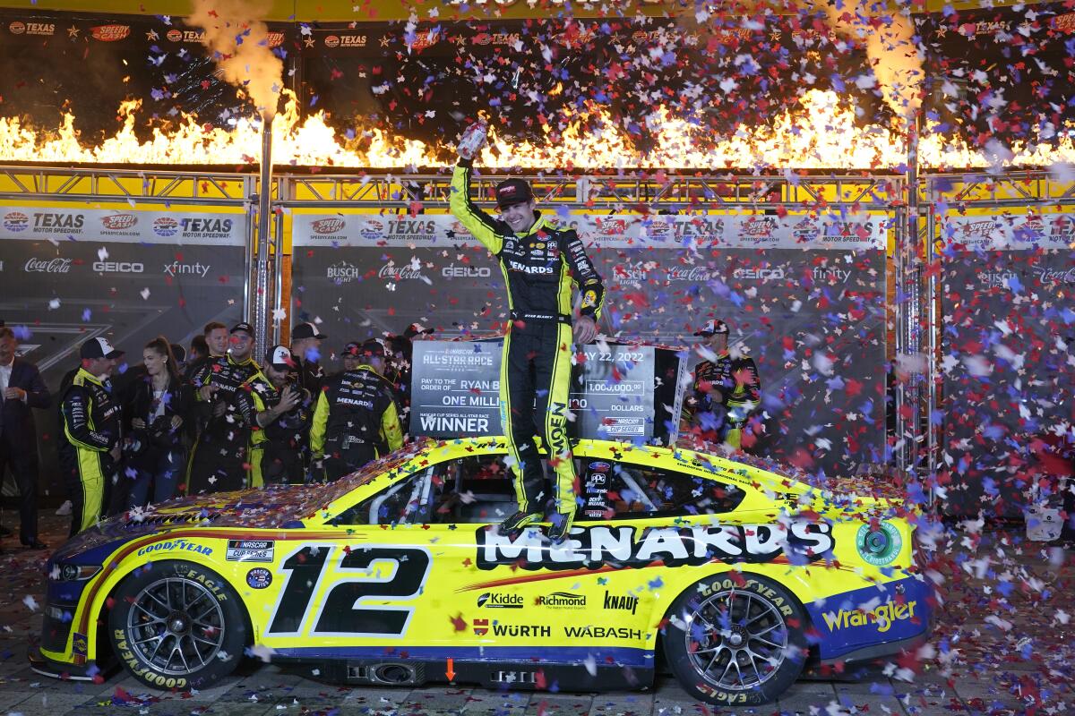 Ryan Blaney celebrates in victory lane after winning Sunday's NASCAR Cup All-Star race at Texas Motor Speedway.