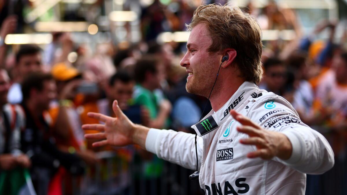 Formula One driver Nico Rosberg celebrates his victory at the European Grand Prix on Sunday.