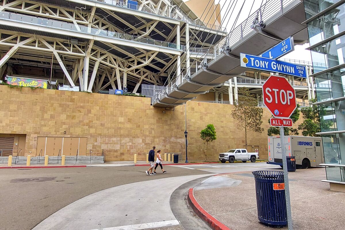 The location where a woman and child fell from the third level concourse at Petco Park on to the sidewalk below on Saturday.