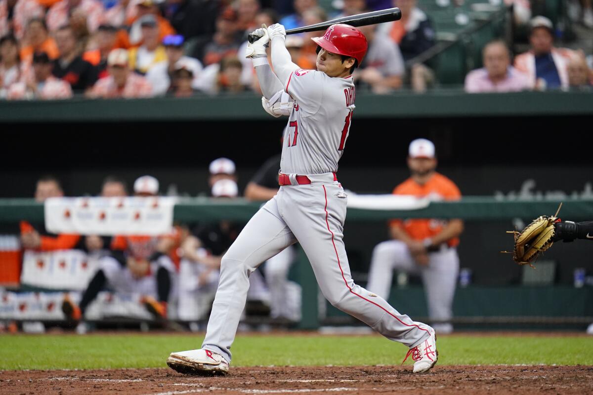 Shohei Ohtani strikes out swinging in the third inning of a 1-0 loss to the Baltimore Orioles on July 9, 2022.