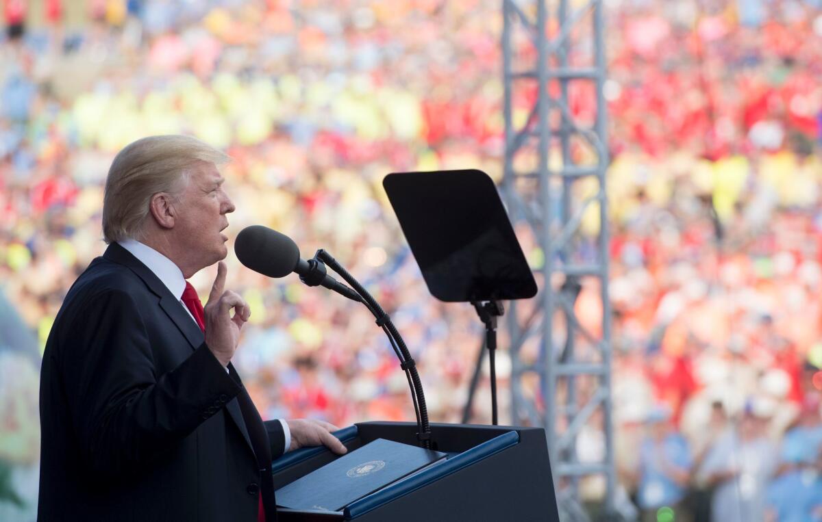President Trump speaks during the National Boy Scout Jamboree at Summit Bechtel National Scout Reserve in Glen Jean, W.V., on Monday.