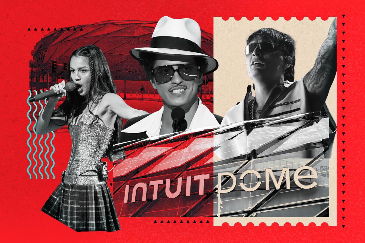 A photo illustration of (left ot right) Olivia Rodrigo, Bruno Mars and Peso Pluma. 