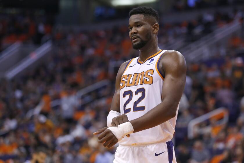 Phoenix Suns center Deandre Ayton (22) in the first half during an NBA basketball game against the Sacramento Kings, Wednesday, Oct. 23, 2019, in Phoenix. (AP Photo/Rick Scuteri)