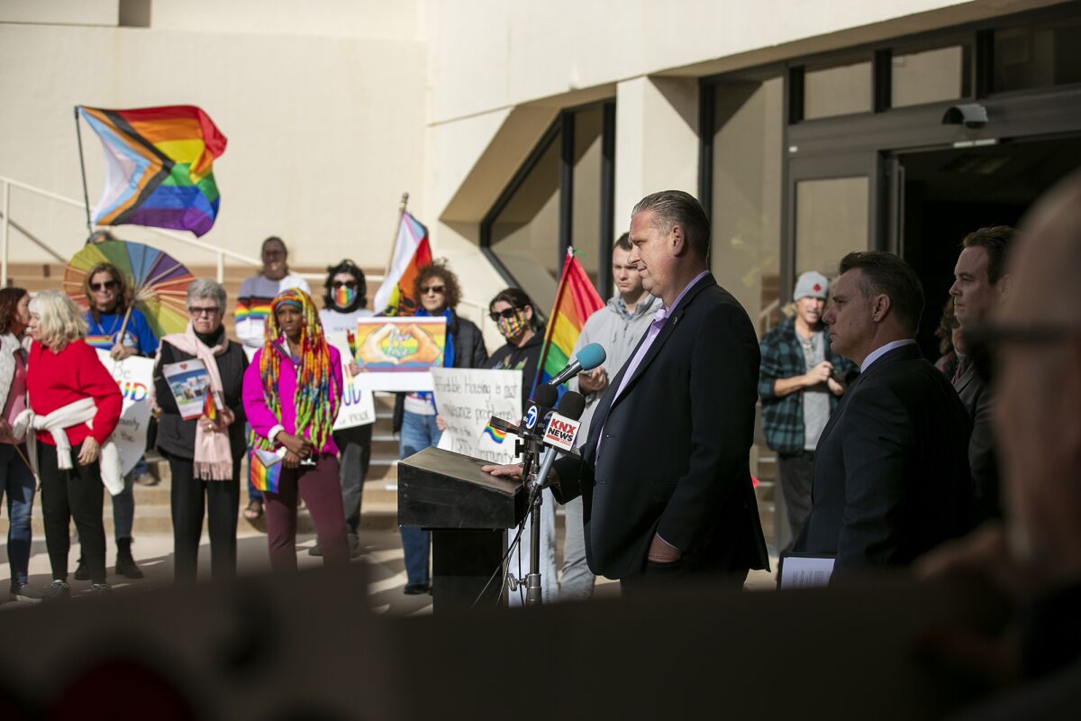 Huntington Beach Mayor Tony Strickland speaks during Tuesday's press conference.