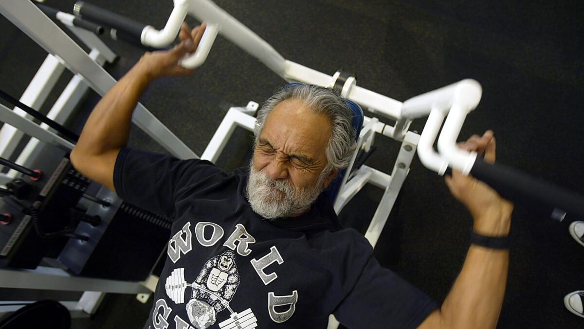 Comedian Tommy Chong works out at the World Gym in Marina del Rey on February 2, 2005.