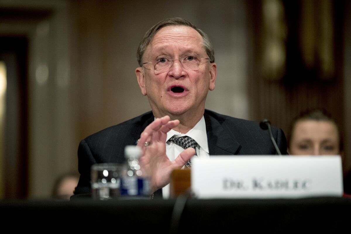 FILE - In this March 3, 2020 file photo, Health and Human Services Assistant Secretary for Preparedness and Response Dr. Robert Kadlec testifies before a Senate Education, Labor and Pensions Committee hearing on the coronavirus on Capitol Hill in Washington. Kadlec said in an email Friday, Oct. 9, that the Trump administration “is accelerating production of safe and effective vaccines ... to ensure delivery starting January 2021." (AP Photo/Andrew Harnik)