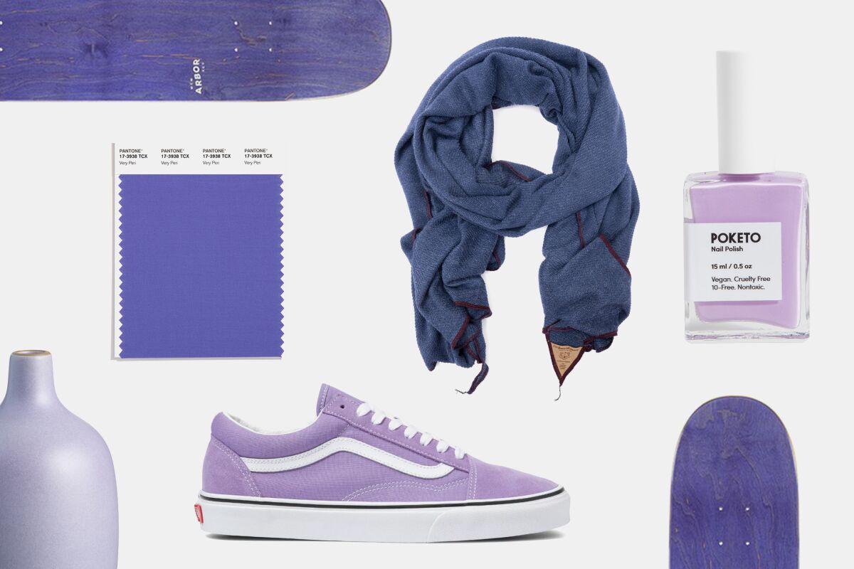 A compilation "Very Peri" (light purple) colored products from this list, including some skate shoes and a scarf.