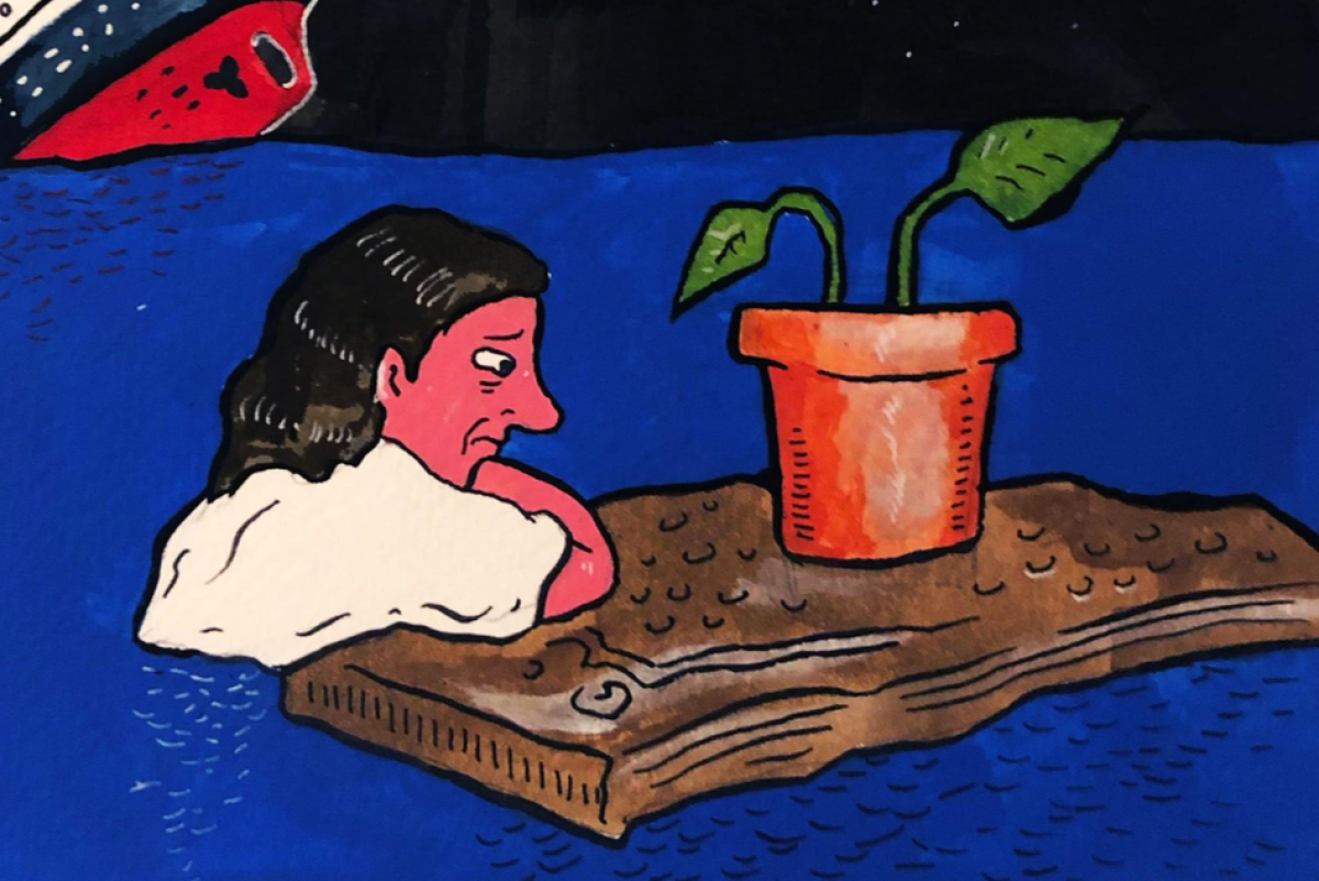 A cartoon of a man in the ocean leaning on a long with a plant on it
