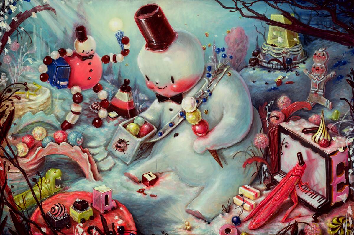 A work of art depicts snowmen in a slightly surreal, toy-filled wintry landscape.