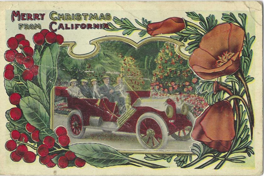Poppies and other plans frame a scene of people in a red car looking at flowers. Text: "Merry Christmas from California"
