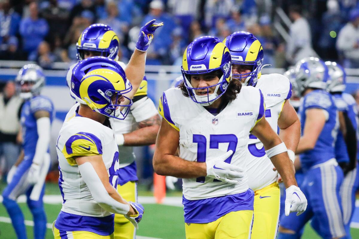 Rams wide receiver Puka Nacua (17) celebrates after scoring a touchdown during a loss to the Detroit Lions.