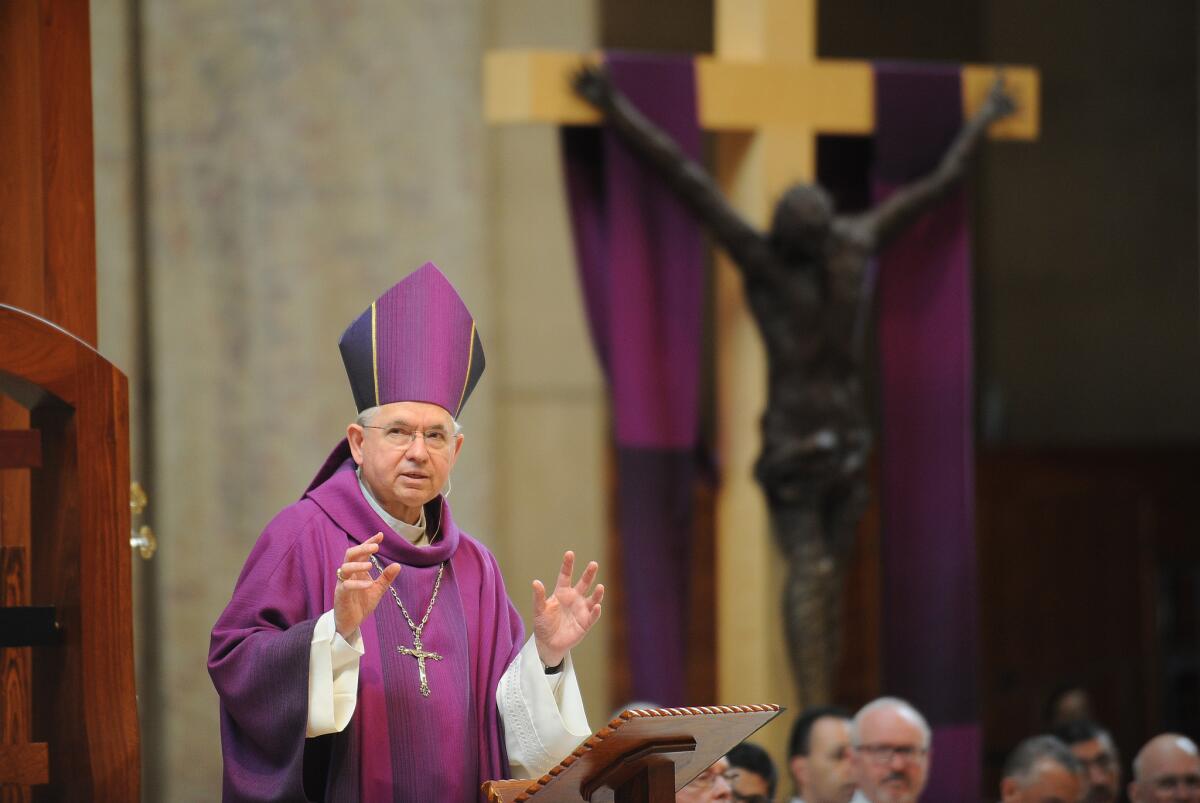 Archbishop Jose H. Gomez celebrates Ash Wednesday Mass at the Cathedral of Our Lady of the Angels in downtown Los Angeles.