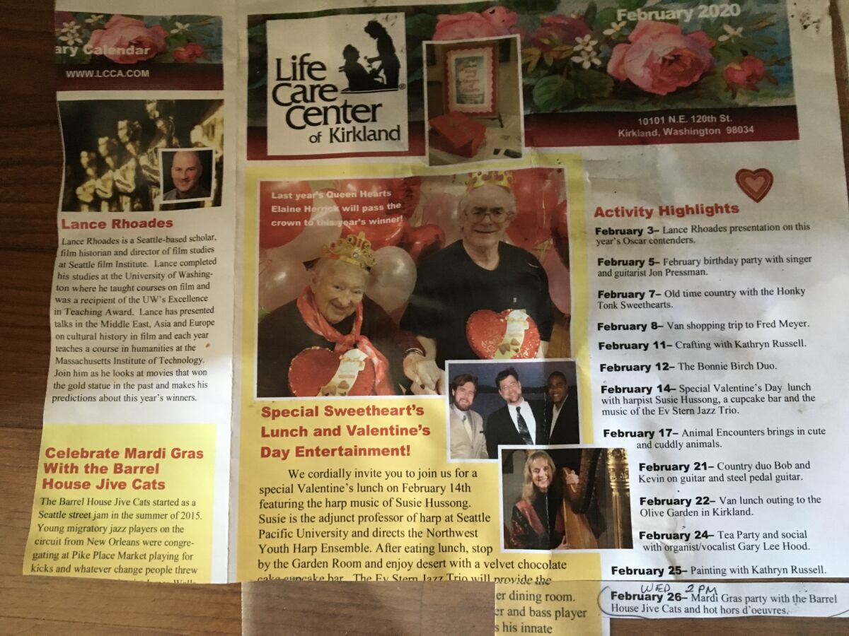 A calendar of events at Life Care Center of Kirkland, the nursing home hit by a coronavirus outbreak, shows activities including a Feb. 26 Mardi Gras party that continued as the illness spread.