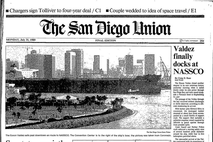 Front page of The San Diego Union, Monday, July 31, 1989.