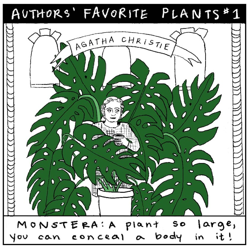 "Agatha Christie, Monstera: a plant so large you can conceal a body in it!" illustration of woman hiding behind plant 