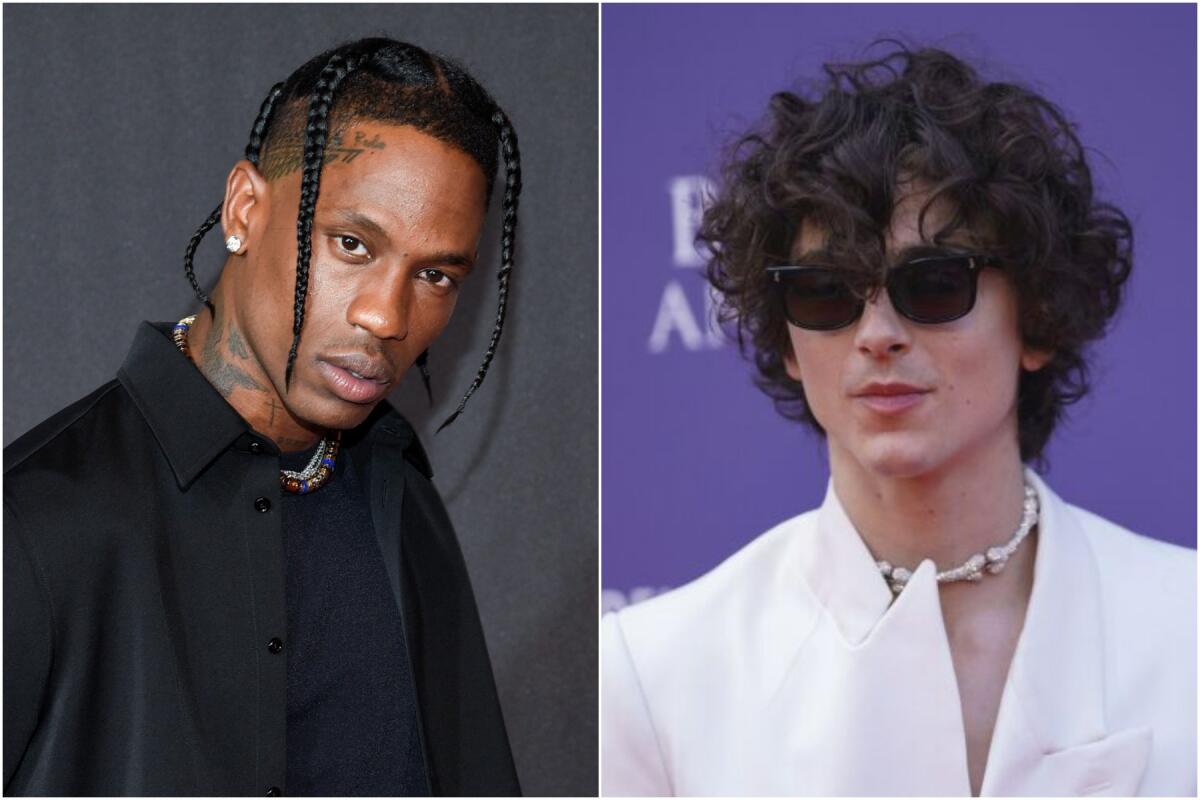 Separate shots of Travis Scott in all black and Timothée Chalamet in a white blazer and dark shades