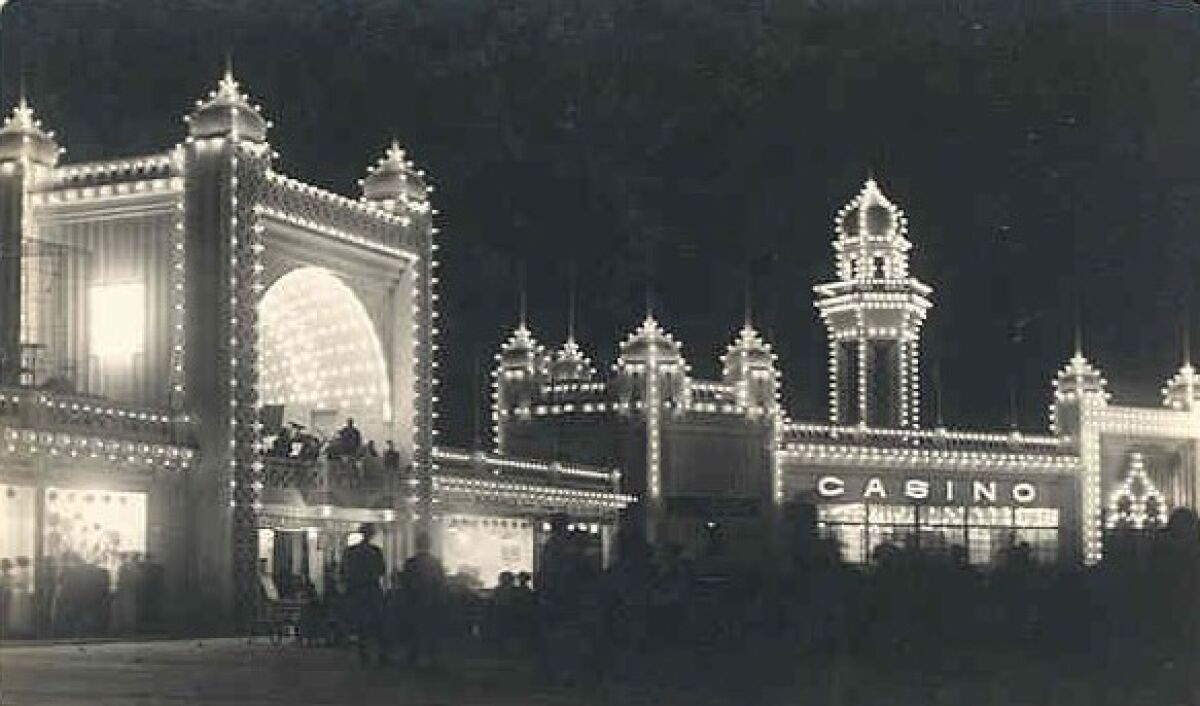 Wonderland's bandstand and Casino were aglow after dark.