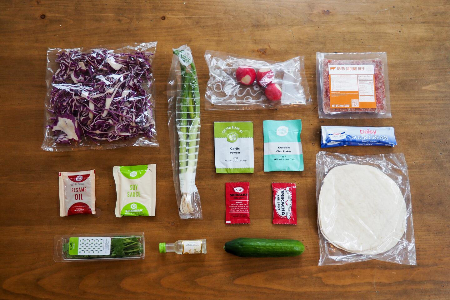 Ingredients for the Hello Fresh sesame beef tacos with quick-pickled veggies.