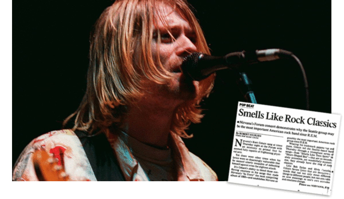 Kurt Cobain at Nirvana's '93 Forum concert, a song from which is on live album.