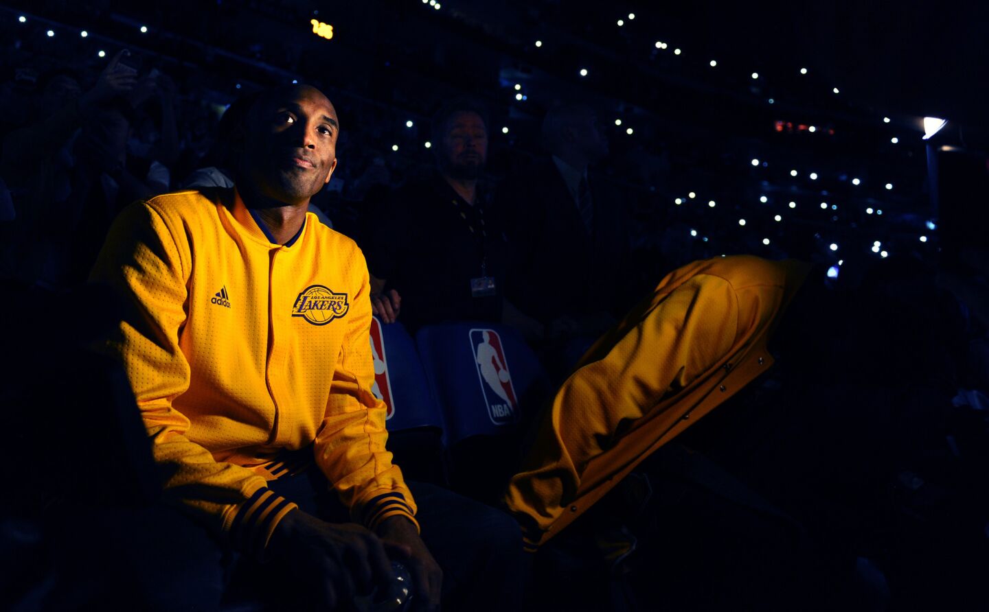 Kobe Bryant waits for introductions before his final game at the Staples Center Wednesday, April 13.
