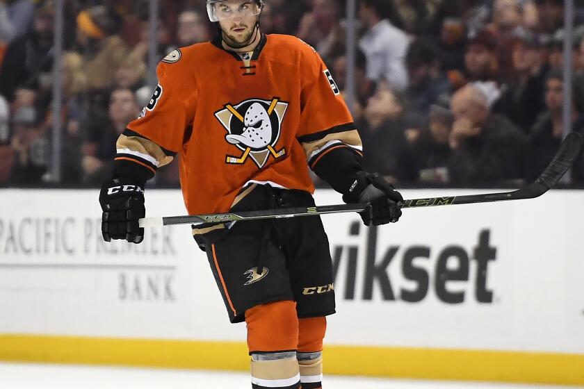 Anaheim Ducks left wing Nicolas Kerdiles stands on the ice during the second period of an NHL hockey game against the Boston Bruins, Feb. 22, 2017, in Anaheim, Calif. Kerdiles died Saturday Sept. 24, 2023 after a motorcycle crash in Nashville, according to police. He was 29. (AP Photo/Mark J. Terrill)