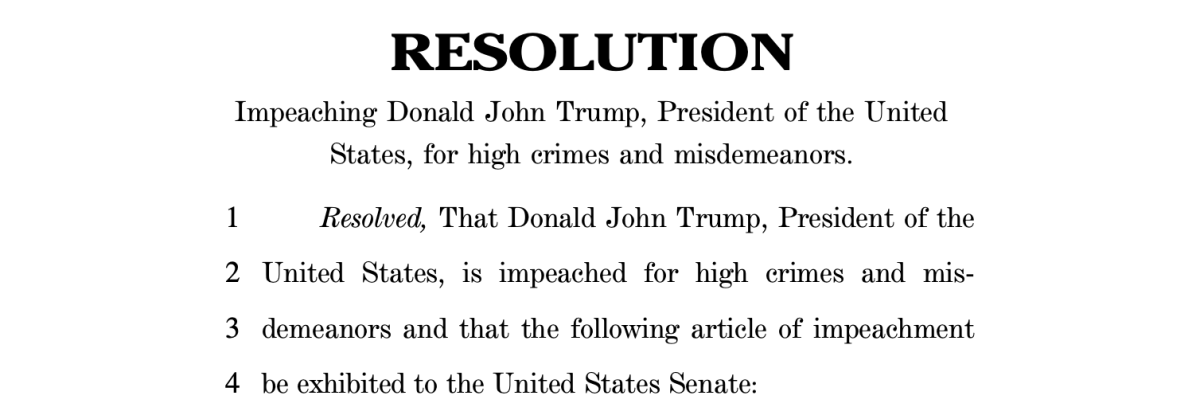 The first page of the article of impeachment against President Trump