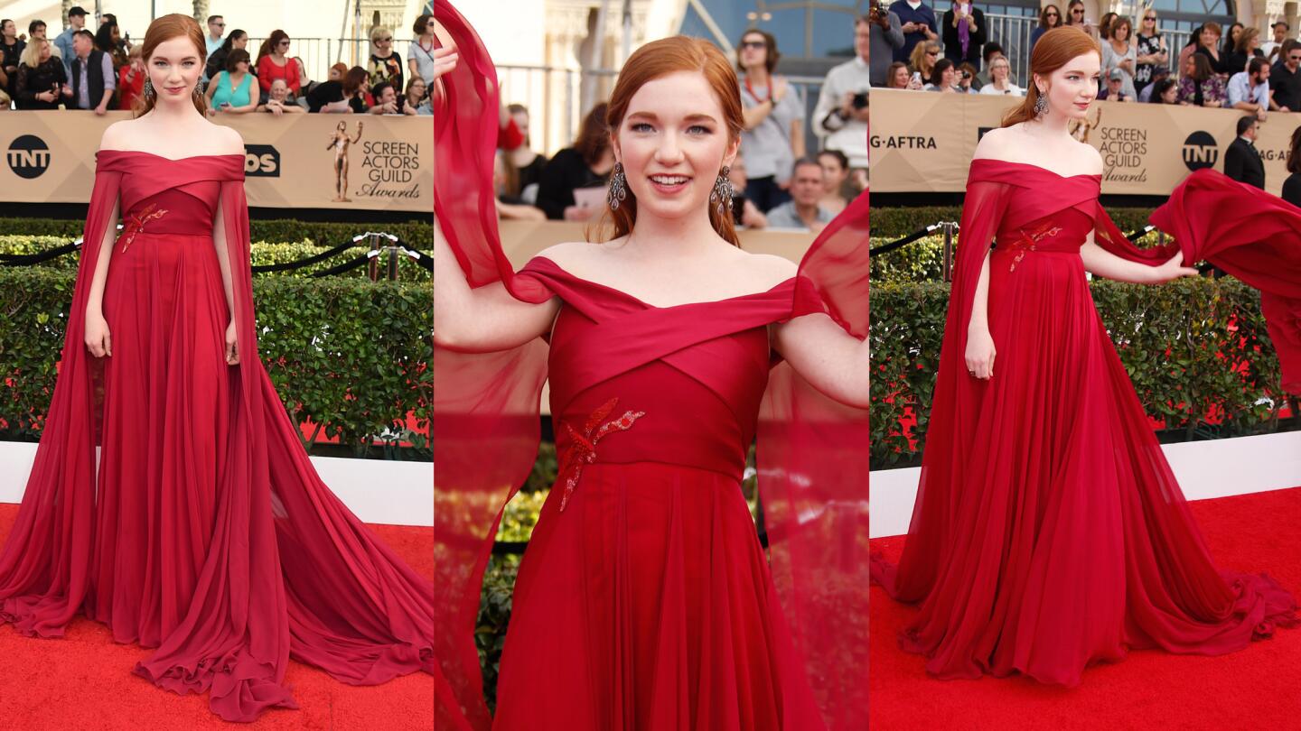 Annalise Basso ("Captain Fantastic") turned out in a red Bibhu Mohapatra goddess gown making her on trend and landing her on our best-dressed list.