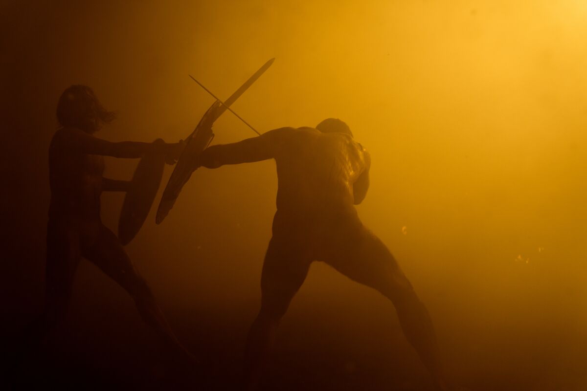 Two men battle with swords and shields in front of a fiery background.