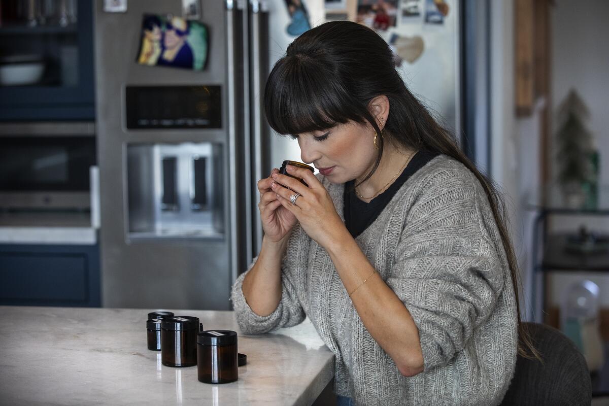 Mariana Castro-Salzman does smell training with essential oils at her home in Eagle Rock.