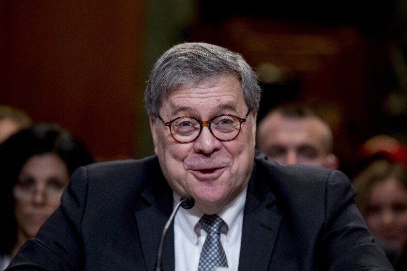 Attorney General William Barr reacts as he appears before a Senate Appropriations subcommittee to make his Justice Department budget request, Wednesday, April 10, 2019, in Washington.