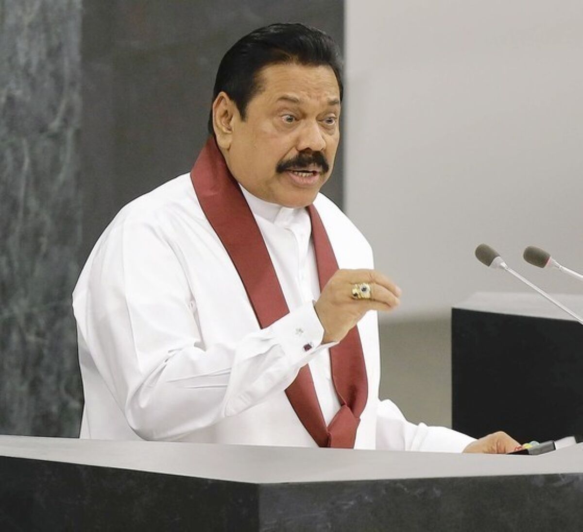 Mahinda Rajapaksa, the president of Sri Lanka, delivers his speech at the U.N. General Assembly in New York. In an interview later at his hotel, he deflected criticism of his government’s rights record and said the U.N. and Western powers seemed bent on harassing Sri Lanka.
