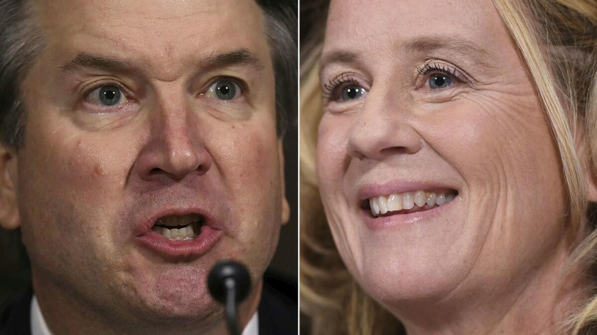 Brett Kavanaugh, left, and Christine Blasey Ford at their respective Senate Judiciary Committee appearances on Sept. 27.