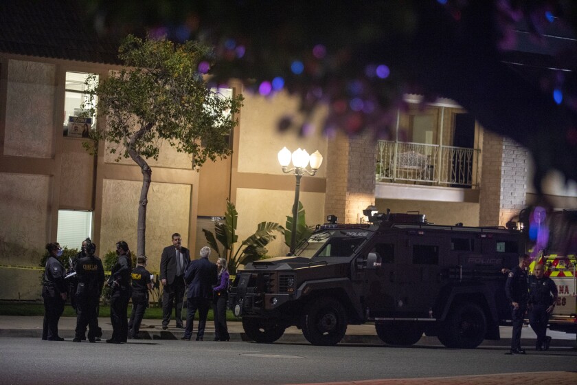 ORANGE, CA - MARCH 31: Four people, including a child, were killed Wednesday evening and a fifth person was injured in a mass shooting at an Orange office complexo n Wednesday, March 31, 2021 in Orange, CA. (Francine Orr / Los Angeles Times