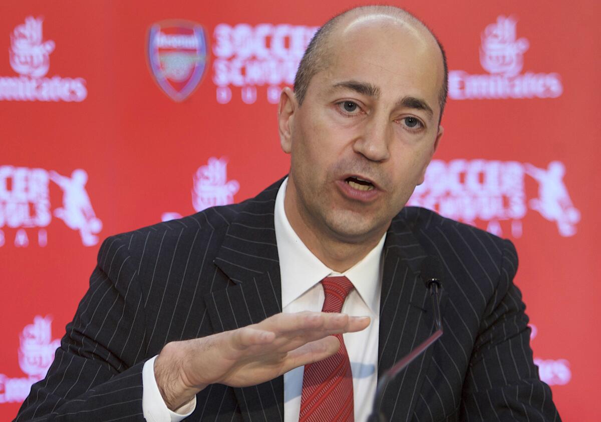 FILE - In this Thursday, May 21, 2009 file photo, Ivan Gazidis speaks during a press conference in Dubai, United Arab Emirates. AC Milan chief executive Ivan Gazidis has been diagnosed with throat cancer, the club announced Tuesday, July 20, 2021.The Serie A club said that doctors expect the 56-year-old Gazidis to make a full recovery and that he will remain operational during his treatment. (AP Photo/Nousha Salimi, FILE)