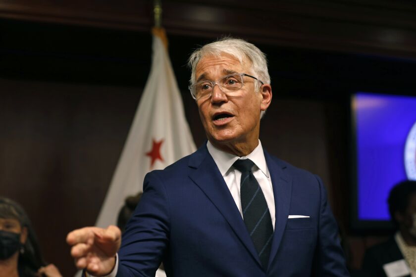 Los Angeles, California-Dec. 8, 2021-Los Angeles District Attorney George Gascon speaks during an end-of-year press conference to discuss his first year in office on Dec. 8, 2021. (Carolyn Cole / Los Angeles Times)